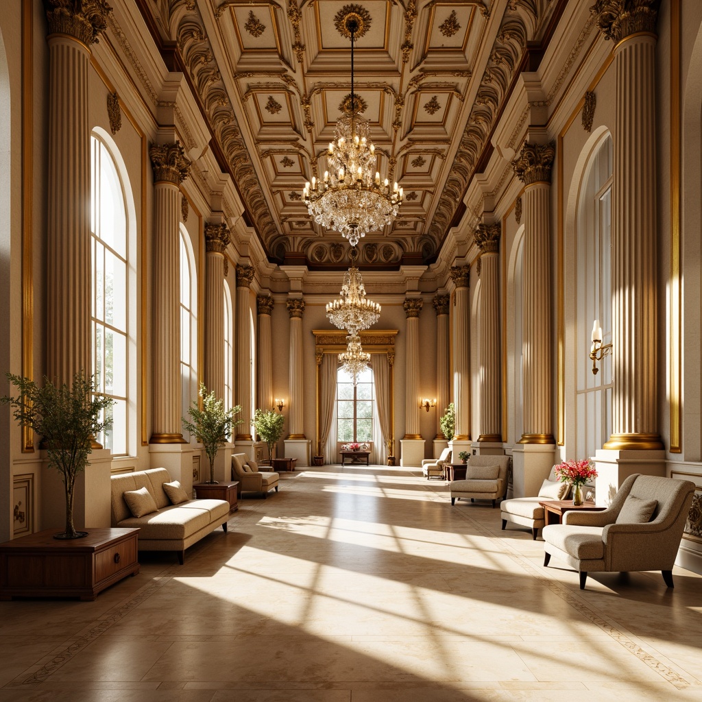 Prompt: Grandiose neoclassical building, ornate columns, carved stone facades, intricate moldings, symmetrical composition, lavish gold accents, creamy marble floors, rich velvet drapes, antique furniture pieces, crystal chandeliers, warm golden lighting, subtle depth of field, 1/2 composition, realistic textures, ambient occlusion, subtle gradient maps.