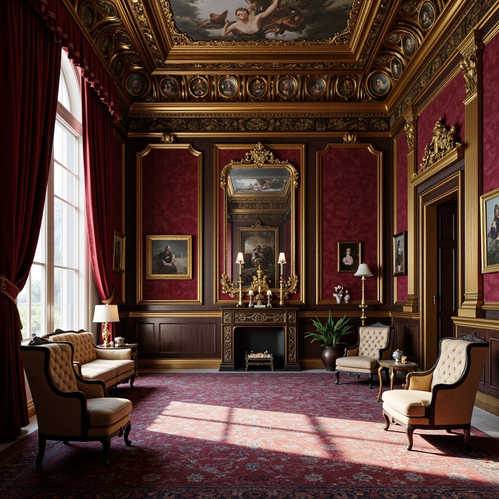 Prompt: Richly ornate baroque interior, lavish gold accents, velvety dark brown wood, intricate carvings, opulent crimson reds, majestic blues, luxurious silk fabrics, subtle cream whites, warm beige tones, dramatic lighting effects, regal purple hues, soft golden illumination, 3/4 composition, shallow depth of field, realistic textures, ambient occlusion.