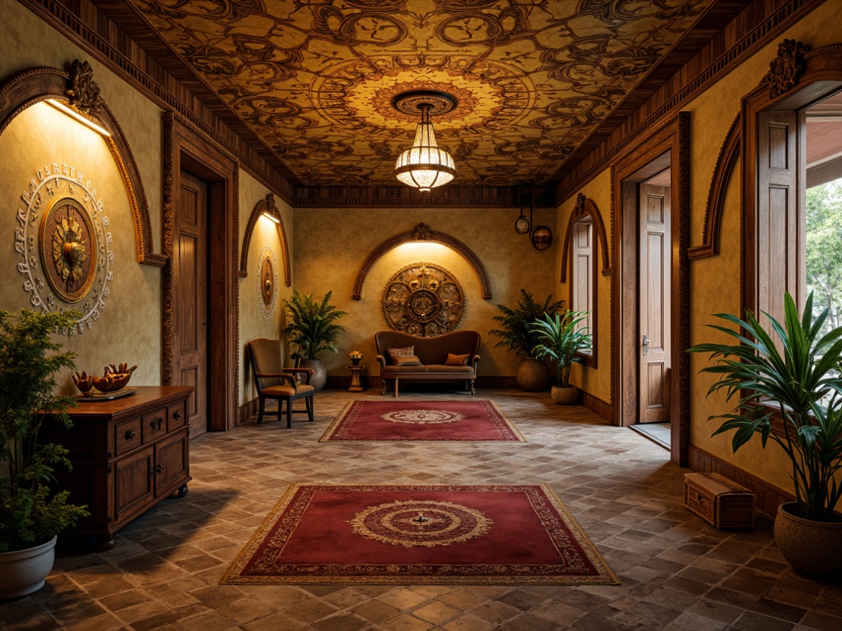 Prompt: \Richly ornate basement, Art Nouveau style, earthy tones, mossy greens, terracotta reds, golden yellows, warm beige walls, intricate stencils, flowing organic patterns, curved lines, ornate metalwork, decorative moldings, luxurious fabrics, velvety textures, soft warm lighting, intimate ambiance, cozy nooks, rustic stone accents, vintage furniture pieces, distressed wood finishes, eclectic decorative accessories, dramatic archways, grand chandeliers.\