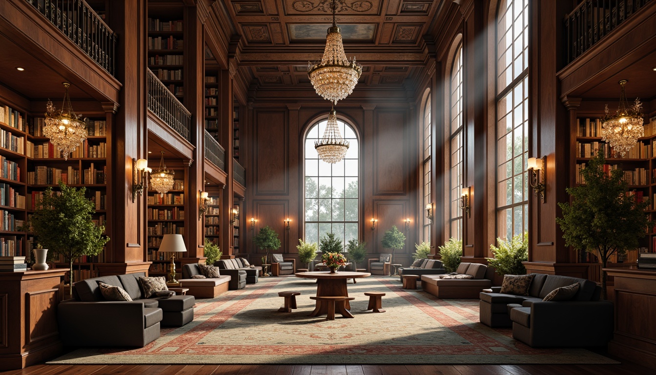 Prompt: Grandiose library, neoclassical architecture, ornate details, sophisticated chandeliers, crystal droplets, bronze fixtures, soft warm glow, indirect lighting, rich wood paneling, leather-bound books, comfortable reading nooks, high ceilings, large windows, natural light pouring in, subtle ambient shadows, atmospheric misty effects, shallow depth of field, 1/1 composition, symmetrical framing, realistic textures, elegant reflections.