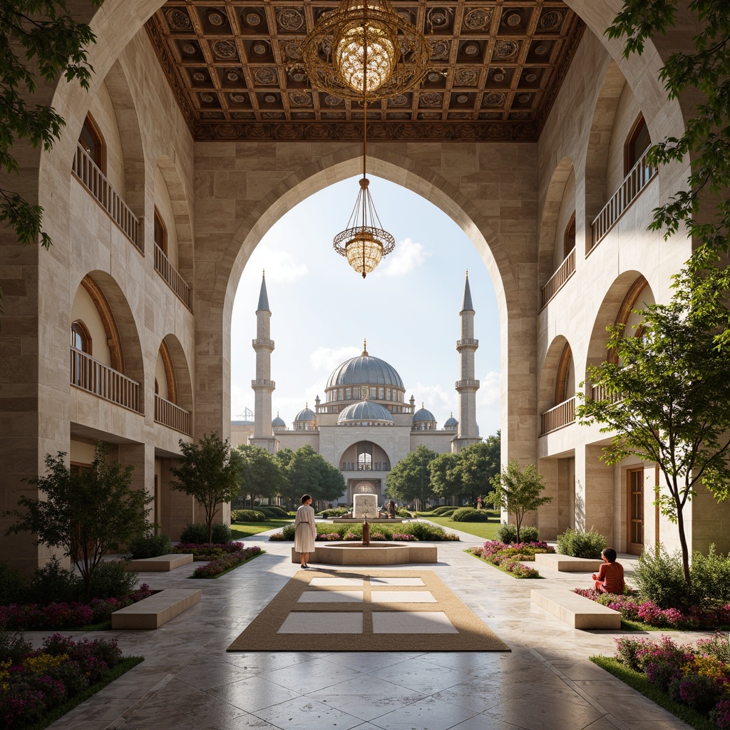 Prompt: Sacred mosque, grand minaret, intricately patterned domes, lavish chandeliers, ornate prayer rugs, marble floors, golden accents, natural stone walls, serene courtyard, lush greenery, vibrant flowers, tranquil water features, warm soft lighting, shallow depth of field, 3/4 composition, panoramic view, realistic textures, ambient occlusion, functional spaces for worship, communal areas for congregation, efficient circulation paths, adaptive reuse of existing structures.