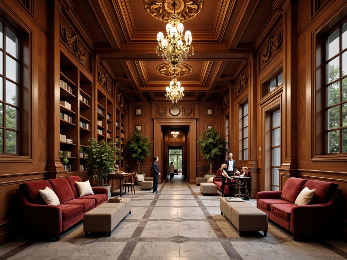 Prompt: Elegant library interior, neoclassical style, rich wood paneling, ornate moldings, grand chandeliers, comfortable reading nooks, lavish velvet fabrics, intricate stone carvings, polished marble floors, subtle brass accents, refined bookshelves, classic literature displays, warm soft lighting, shallow depth of field, 1/1 composition, realistic textures, ambient occlusion.