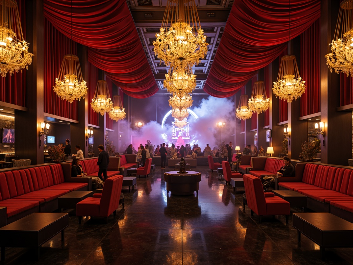 Prompt: Luxurious nightclub, rich velvet drapes, ornate golden chandeliers, dark wooden accents, lavish crimson couches, glossy black marble floors, intricate bronze ornaments, dazzling LED light installations, pulsating strobe lights, fog machines, DJ booths, sleek sound systems, crowded dance floors, energetic party atmosphere, vibrant color scheme, warm golden lighting, shallow depth of field, 1/1 composition, realistic textures, ambient occlusion.