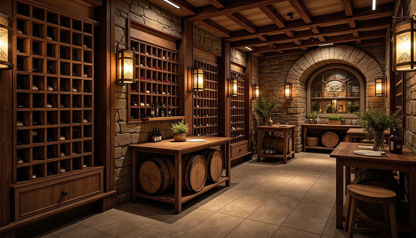 Prompt: Rustic wine cellar, craftsman style, wooden wine racks, rich mahogany wood, ornate metalwork, dim warm lighting, earthy stone walls, vintage wine barrels, wooden crates, distressed finishes, natural textures, ambient shadows, soft golden lighting, 1/1 composition, realistic reflections, intricate carvings, ornate details, cozy intimate atmosphere.