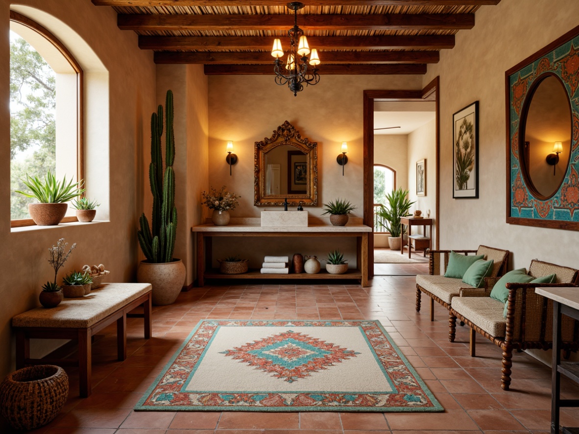 Prompt: Southwestern powder room, warm earthy tones, terracotta flooring, natural stone walls, woven textiles, vibrant turquoise accents, ornate mirrors, rustic wooden vanity, pendant lighting, desert botanicals, cacti, succulents, woven baskets, geometric patterns, bold colorful tiles, Talavera pottery, hacienda-style architecture, arched windows, soft warm lighting, shallow depth of field, 1/1 composition, realistic textures, ambient occlusion.