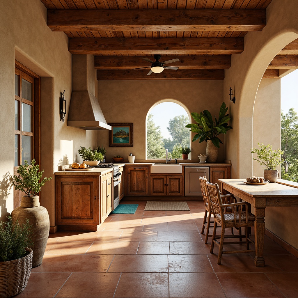 Prompt: Earthy southwestern kitchen, warm terracotta flooring, rustic wooden cabinetry, natural stone countertops, sandy beige walls, vibrant turquoise accents, woven wicker furniture, distressed metal fixtures, pendant lighting, soft warm illumination, shallow depth of field, 1/1 composition, realistic textures, ambient occlusion.