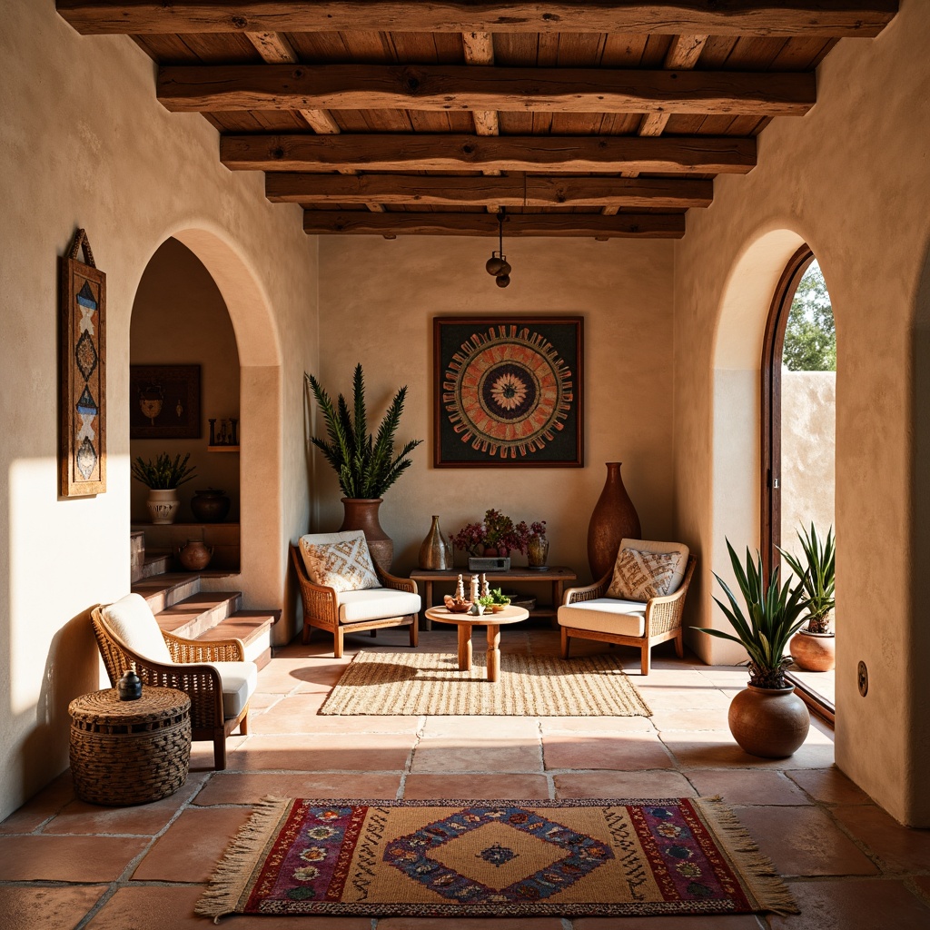 Prompt: Southwestern-style adobe house, earthy terracotta floors, rustic wooden planks, distressed stone tiles, woven jute rugs, vibrant colorful textiles, geometric patterned kilim rugs, warm beige stucco walls, arched doorways, natural fiber carpets, woven wicker furniture, clay pottery accents, desert botanicals, soft warm lighting, shallow depth of field, 3/4 composition, realistic textures.