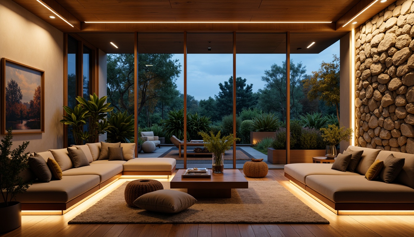 Prompt: Modern living room, floor-to-ceiling windows, soft warm glow, ambient lighting, LED strip lights, cozy atmosphere, wooden flooring, comfortable sofas, minimalist coffee table, vibrant greenery, natural stone walls, abstract artwork, indirect illumination, dramatic shadows, 1/2 composition, realistic textures, shallow depth of field.