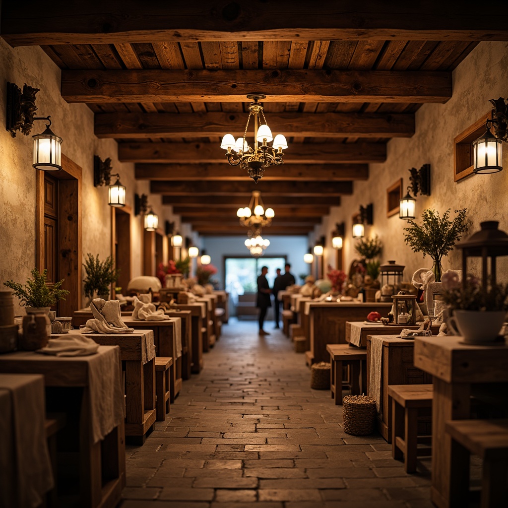 Prompt: Warm traditional market interior, rustic wooden beams, vintage lanterns, soft warm lighting, candlelit ambiance, ornate metal chandeliers, distressed wood furniture, earthy color palette, natural stone flooring, woven textiles, rich velvet fabrics, ambient shadows, shallow depth of field, 1/2 composition, realistic textures, subtle glow effects.