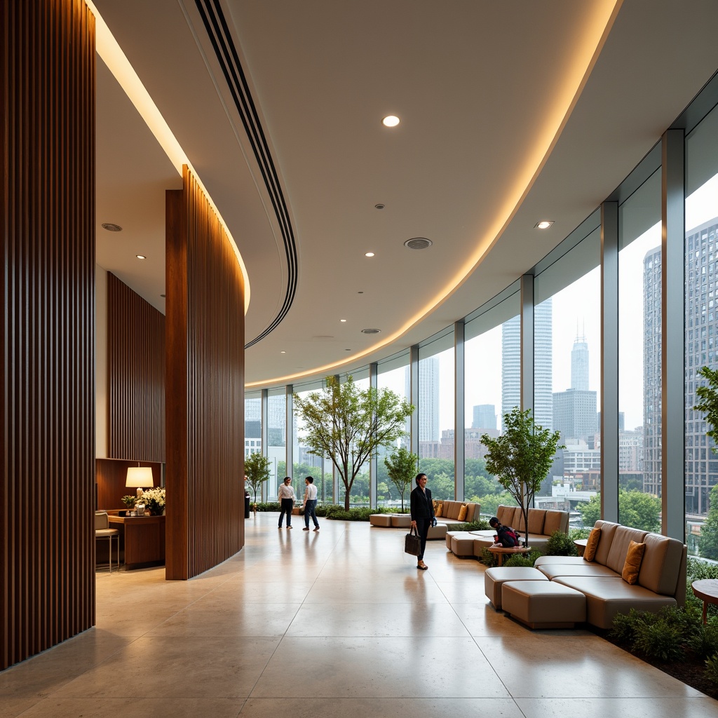 Prompt: Streamlined bank interior, modern minimalist decor, sleek wooden accents, curved lines, polished metal fixtures, ambient lighting, comfortable seating areas, ergonomic furniture, vibrant greenery, floor-to-ceiling windows, urban cityscape views, gentle natural light, 1/1 composition, shallow depth of field, realistic textures, subtle reflections, luxurious fabrics, sophisticated color palette.