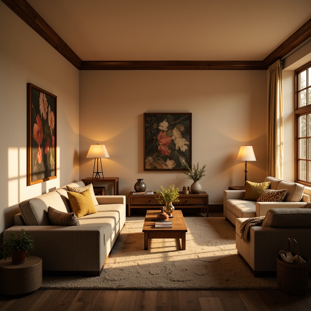 Prompt: Cozy living room, warm beige walls, soft plush carpets, comfortable sofas, warm floor lamps, table lamps with soft shades, LED strip lights under furniture, dimmable ceiling lights, warm color temperature, relaxing ambiance, intimate seating areas, wooden accents, natural textiles, earthy tones, morning sunlight, gentle glow, shallow depth of field, 1/1 composition, realistic rendering.