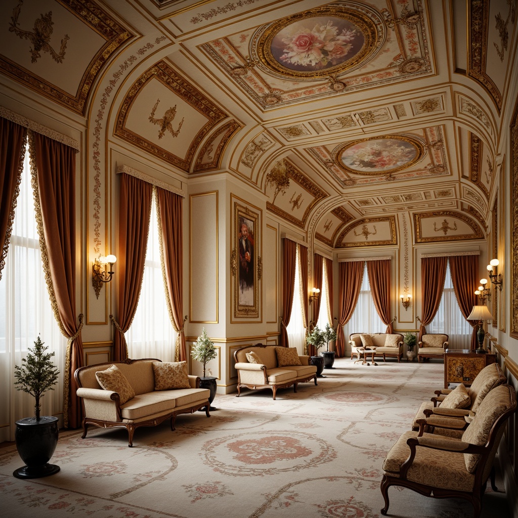 Prompt: Ornate palace interior, lavish furnishings, golden accents, intricately carved wooden panels, velvet drapes, crystal chandeliers, delicate porcelain vases, curved lines, asymmetrical balance, pastel color palette, soft warm lighting, shallow depth of field, 1/2 composition, realistic textures, ambient occlusion, subtle gradient effects.