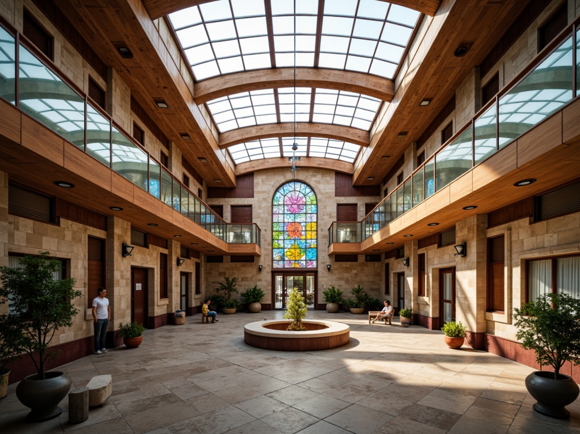 Prompt: Vibrant courthouse, eclectic architectural style, grand entrance, ornate details, natural stone walls, stained glass windows, high ceilings, clerestory windows, skylights, open atriums, wooden accents, minimal obstruction, optimal window placement, south-facing orientation, reflective surfaces, bright interior colors, soft warm lighting, shallow depth of field, 3/4 composition, realistic textures, ambient occlusion.