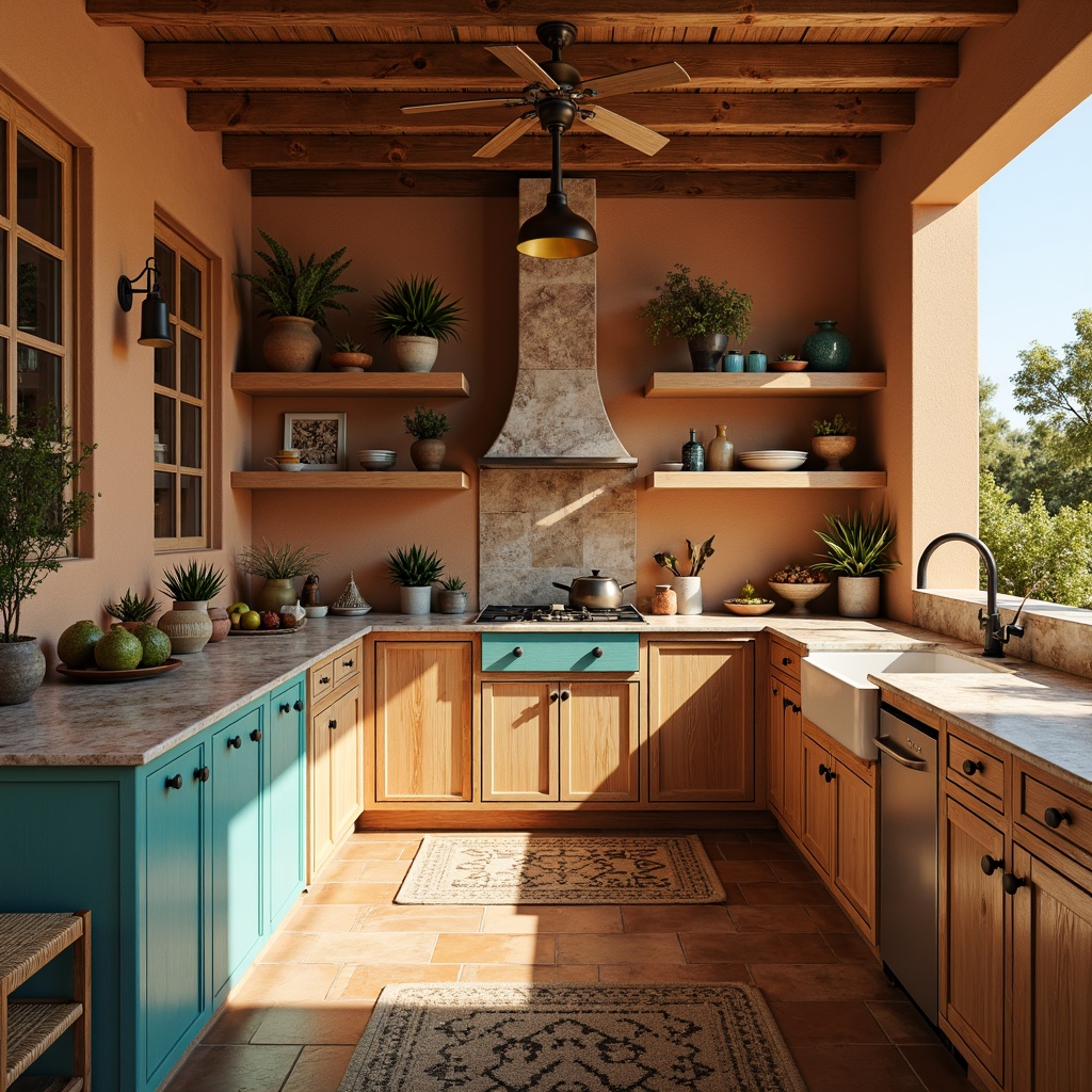 Prompt: Southwestern kitchen, warm earthy tones, rustic wooden cabinets, natural stone countertops, terracotta tile flooring, vibrant turquoise accents, woven textiles, geometric patterns, pendant lighting, industrial metal fixtures, reclaimed wood shelves, ceramic cookware, desert-inspired botanicals, sunny afternoon light, shallow depth of field, 1/1 composition, realistic textures, ambient occlusion.