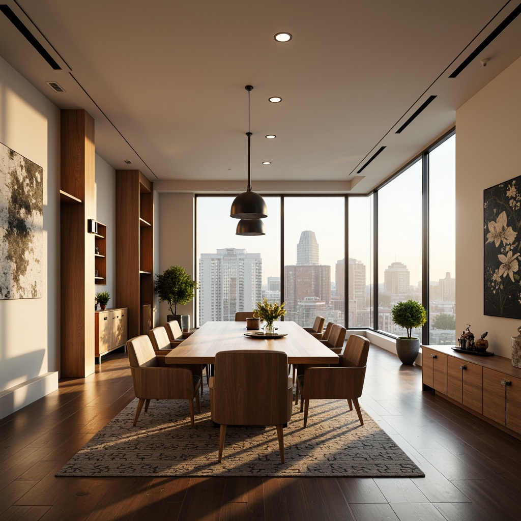 Prompt: Streamlined Moderne dining room, sleek wooden table, minimalist chairs, curved lines, low-profile cabinetry, polished metal accents, ambient lighting, cream-colored walls, dark hardwood floors, geometric-patterned rug, modern artwork, floor-to-ceiling windows, urban cityscape view, warm afternoon sunlight, shallow depth of field, 2/3 composition, realistic textures, soft focus.