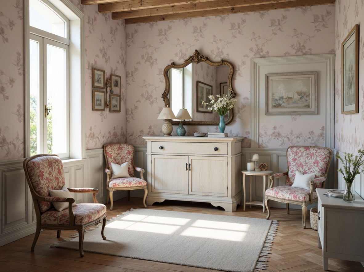 Prompt: Whimsical shabby-chic interior, distressed wood furniture, soft pastel hues, muted floral patterns, lace trimmings, vintage accessories, ornate mirrors, rustic metal hardware, creamy whites, pale pinks, baby blues, mauve accents, linen textures, natural light, warm candlelight, shallow depth of field, 1/1 composition, realistic renderings, subtle ambient occlusion.