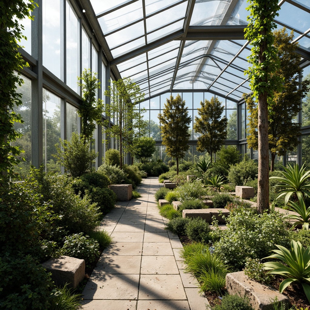 Prompt: Modern Bauhaus greenhouses, lush vegetation, industrial metal frames, transparent glass walls, vibrant greenery, natural stone flooring, reclaimed wood accents, earthy color palette, moss-covered roofs, sunny day, soft diffused lighting, 3/4 composition, shallow depth of field, warm atmosphere, rustic textures, ambient occlusion.