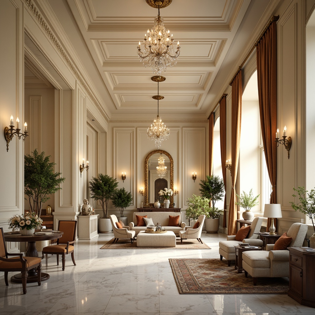 Prompt: Elegant neoclassical interior, ornate moldings, refined columns, crystal chandeliers, luxurious velvet fabrics, subtle glass accents, beveled mirrors, polished marble floors, cream-colored walls, intricate carvings, sophisticated furniture, tufted upholstery, warm golden lighting, shallow depth of field, 1/2 composition, soft focus, realistic reflections.