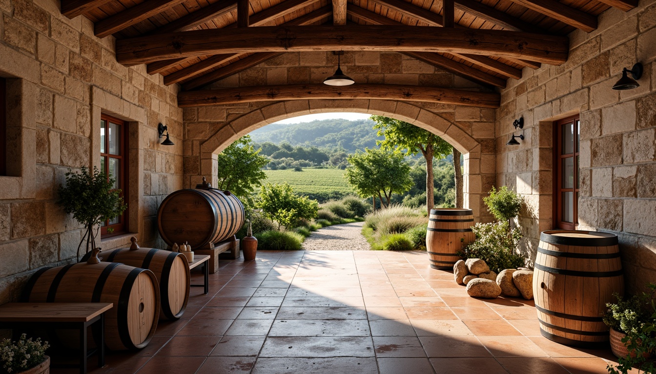 Prompt: Rustic winery, traditional stone walls, wooden barrels, vineyard scenery, lush greenery, natural lighting, earthy tones, terracotta flooring, reclaimed wood accents, wrought iron decorations, vintage wine-making equipment, distressed finishes, warm cozy atmosphere, soft ambient lighting, shallow depth of field, 2/3 composition, realistic textures, ambient occlusion.