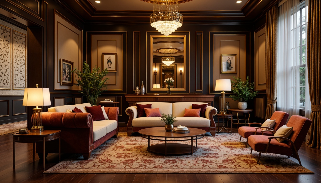 Prompt: Luxurious living room, ornate golden accents, geometric patterns, lavish velvet fabrics, rich wood tones, curved lines, metallic trim, bold color contrasts, statement lighting fixtures, intricate inlays, glossy finishes, opulent textures, 1920s-inspired furniture, rounded shapes, elegant proportions, dramatic drapery, warm ambient glow, soft focus blur, cinematic composition, high-contrast rendering.