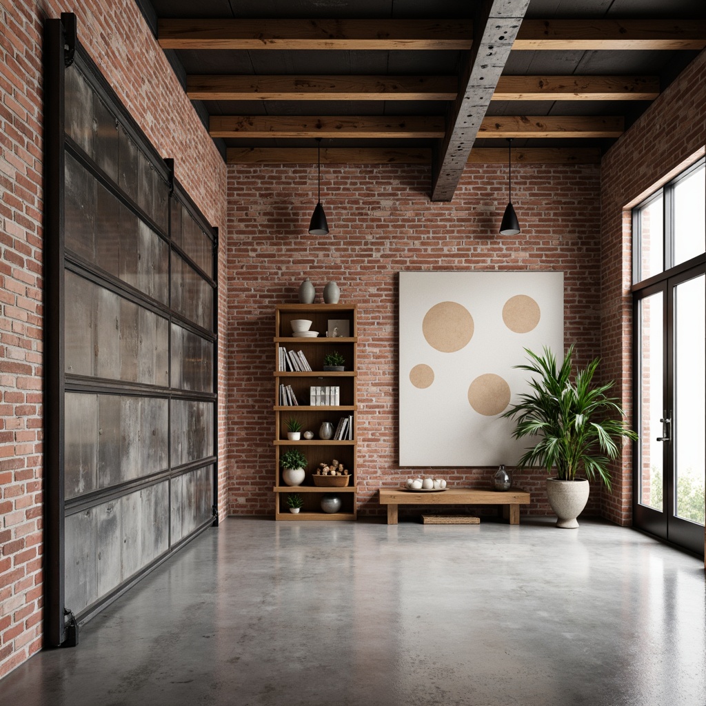 Prompt: Exposed brick walls, industrial chic, modern garage doors, sleek metal accents, polished concrete floors, minimalist decor, neutral color palette, natural light pouring in, overhead LED lighting, abstract geometric patterns, textured wall finishes, 3D paneling, rustic wood tones, distressed finishes, urban loft vibe, open shelving, functional storage solutions, warm beige tones, industrial-style lighting fixtures, soft focus photography, shallow depth of field.