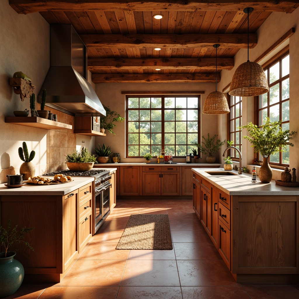 Prompt: Southwestern kitchen, warm terracotta floors, rustic wooden cabinets, earthy color palette, pendant lamps, woven rattan shades, soft warm glow, ambient lighting, recessed ceiling lights, LED under-cabinet lighting, natural stone countertops, ceramic tiles, vibrant turquoise accents, desert botanicals, cacti decor, sunny morning light, shallow depth of field, 1/2 composition, realistic textures, subtle shadowing.