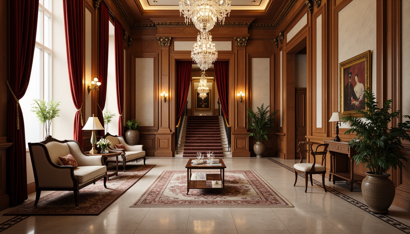 Prompt: Elegant mansion, ornate moldings, crystal chandeliers, luxurious velvet drapes, rich wood paneling, intricate marble flooring, subtle glass accents, delicate metalwork, sophisticated color palette, soft warm lighting, shallow depth of field, 1/1 composition, realistic textures, ambient occlusion, classical columns, carved wooden furniture, refined upholstery, vintage accessories, opulent ambiance, grand staircase, spacious high ceiling, majestic entrance hall.