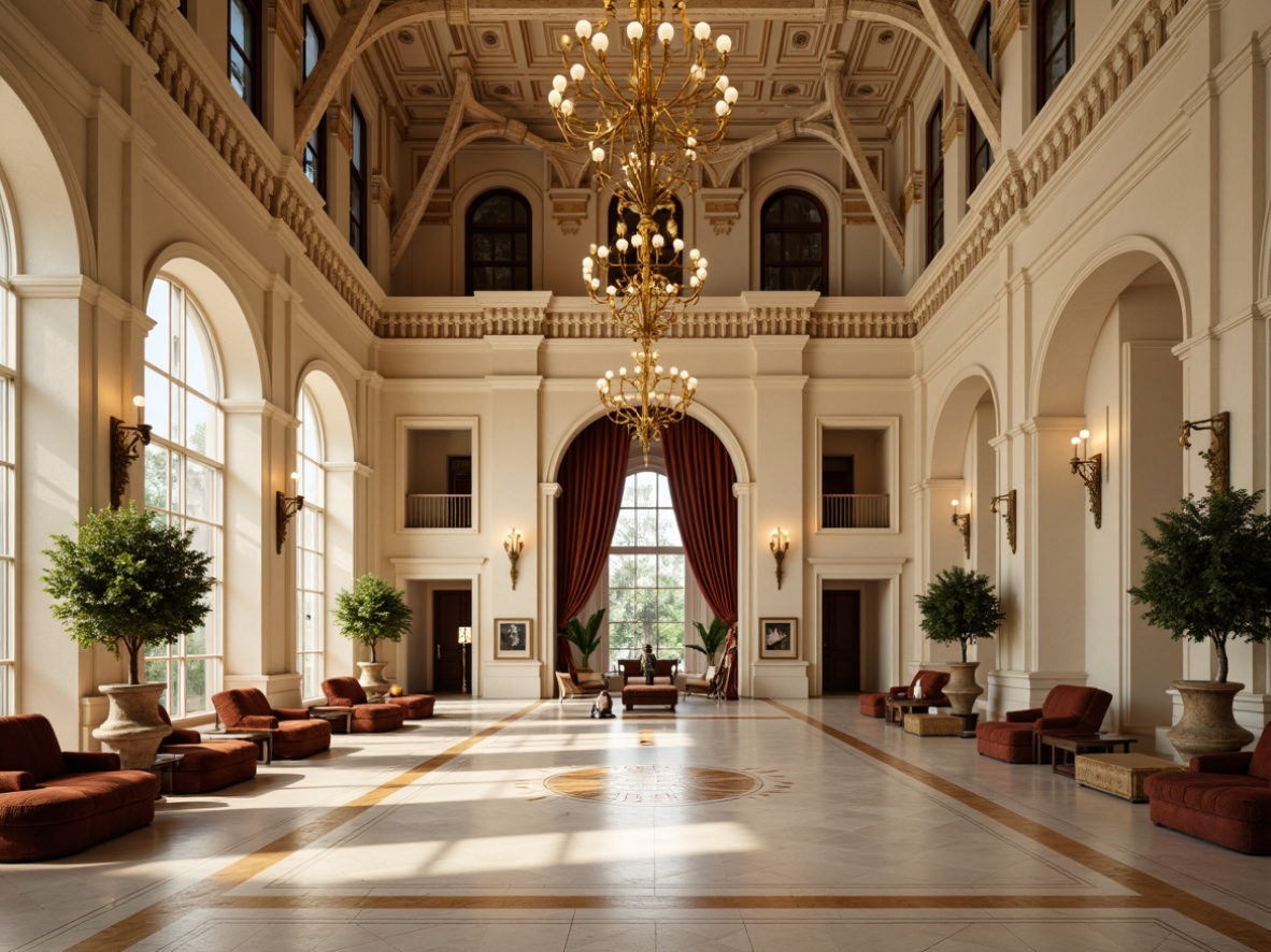 Prompt: Grand hall interior, high ceilings, ornate columns, Corinthian capitals, intricately carved details, polished marble floors, cream-colored walls, elegant chandeliers, luxurious furnishings, velvet drapes, golden accents, neoclassical arches, symmetrical composition, dramatic lighting, warm color palette, subtle shadows, detailed textures, realistic reflections.