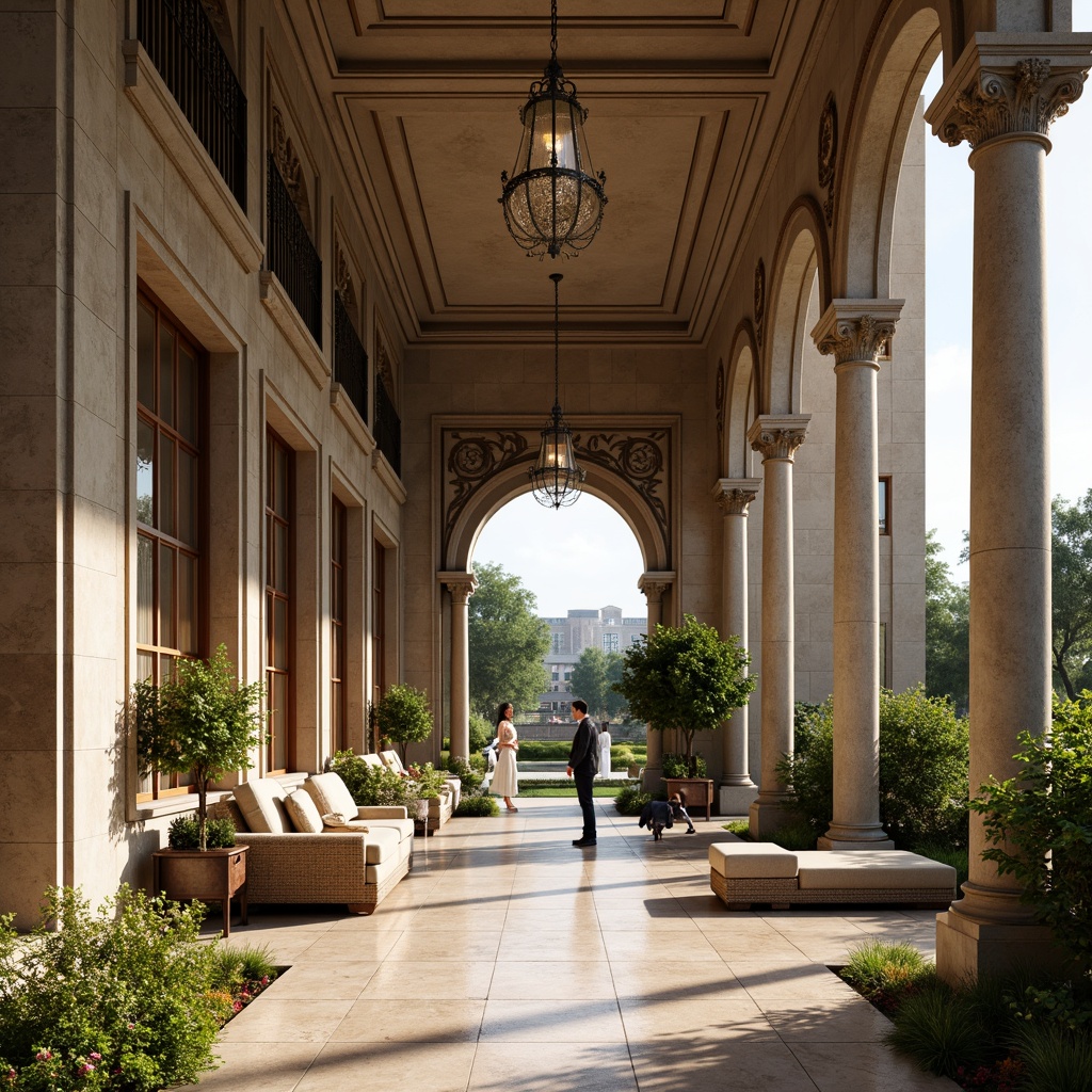 Prompt: Elegant villa facade, columns with ornate capitals, symmetrical composition, grand entrance with arched doorway, decorative moldings, rustic stone walls, classical pediments, ornate balconies, intricate ironwork, lavish furnishings, marble flooring, crystal chandeliers, soft warm lighting, shallow depth of field, 3/4 composition, realistic textures, ambient occlusion, serene garden views, lush greenery, vibrant flowers, tranquil fountain sounds, sunny day.