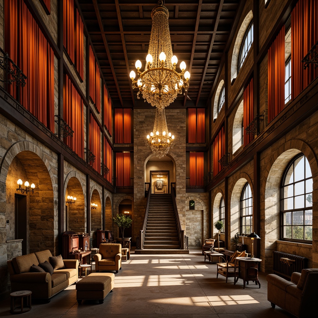 Prompt: Grandiose factory interior, ornate chandeliers, warm golden lighting, rich velvet drapes, luxurious wooden accents, intricate carvings, ornamental metalwork, lavish furnishings, rustic stone walls, high ceilings, dramatic archways, grand staircases, soft warm glow, diffused light, atmospheric shadows, realistic textures, ambient occlusion, 1/1 composition, close-up shots, shallow depth of field.