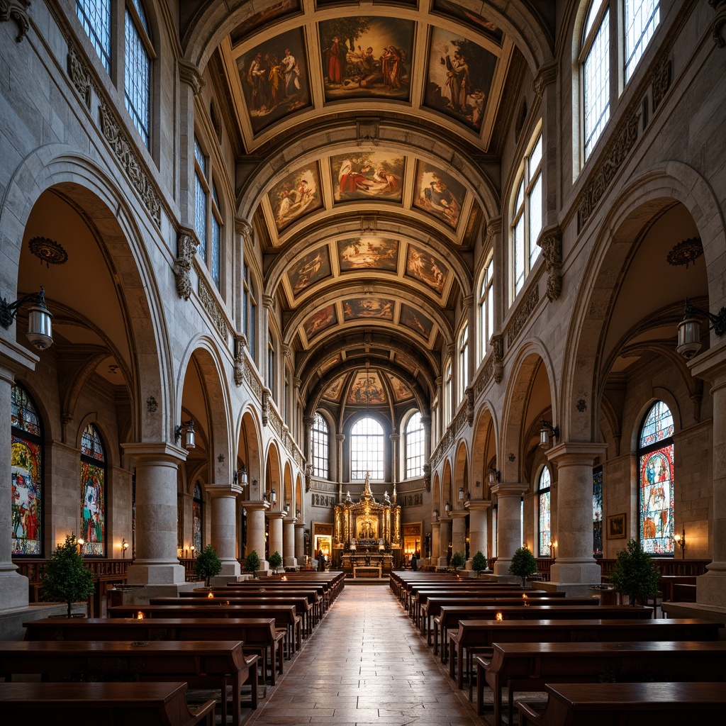 Prompt: Grand cathedral interior, vaulted ceilings, ornate frescoes, stained glass windows, intricately carved wooden pews, majestic stone columns, soft warm lighting, dramatic shadows, symmetrical composition, high-angle shot, rich textures, ambient occlusion, divine atmosphere, serene ambiance, peaceful sanctuary, ornamental chandeliers, elegant archways, sacred relics, reverent silence.