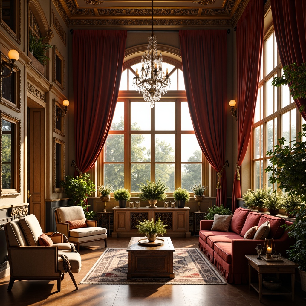 Prompt: \Ornate sunroom, lavish furnishings, velvet drapes, gilded frames, crystal chandeliers, warm golden lighting, soft candlelight, bronze sconces, intricate moldings, carved wooden panels, marble floors, ornamental mirrors, lavish textiles, rich jewel tones, morning sunlight, gentle shadows, shallow depth of field, 1/2 composition, realistic reflections, ambient occlusion.\