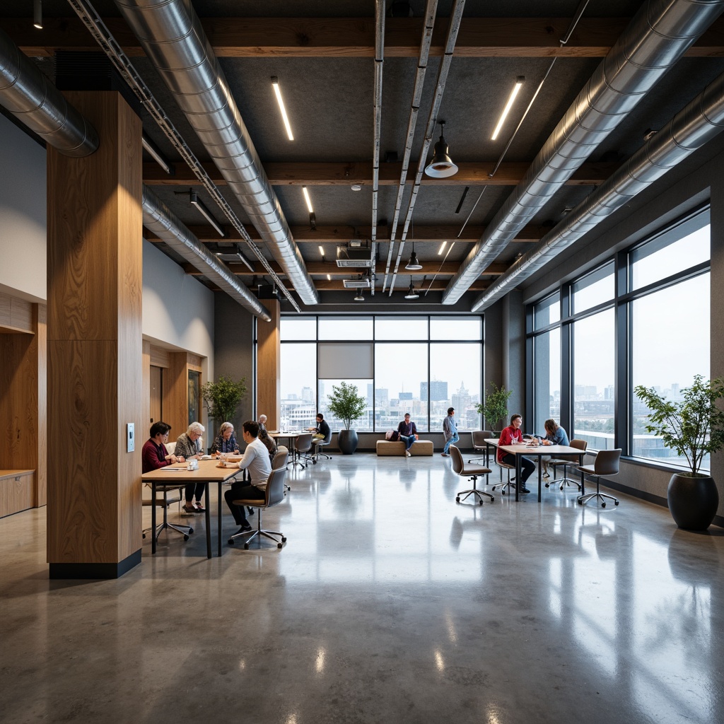 Prompt: Exposed ductwork, polished concrete floors, industrial-chic metal beams, reclaimed wood accents, modern high school architecture, open-concept classrooms, collaborative learning spaces, sleek aluminum windows, minimalist decorative elements, functional lighting systems, urban cityscape views, moody overcast sky, dramatic shadows, 1/1 composition, symmetrical framing, muted color palette, realistic textures, ambient occlusion.