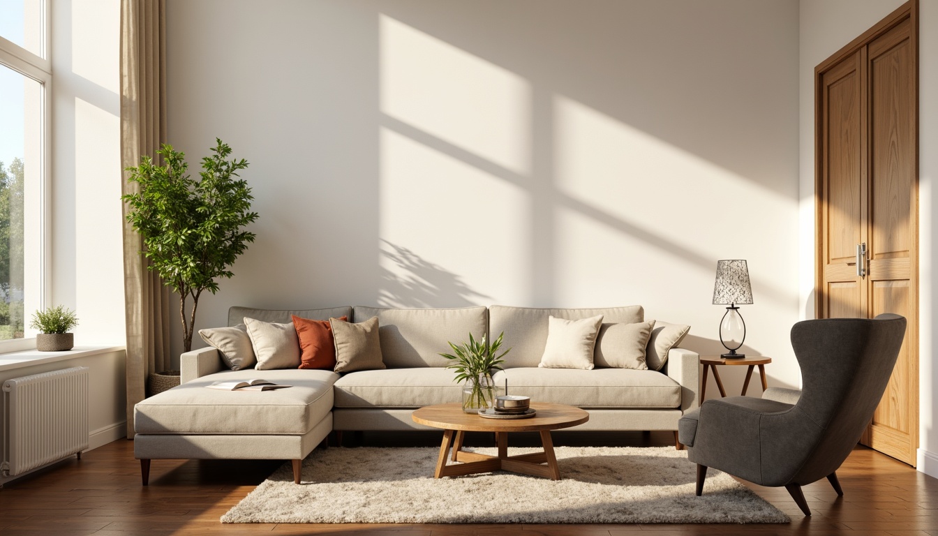 Prompt: Cozy living room, plush sectional sofa, warm wooden coffee table, soft velvet armchair, minimalist metal floor lamp, creamy white walls, rich brown hardwood flooring, natural fiber rug, comfortable throw pillows, elegant glass vase, fresh greenery, sunny afternoon, soft warm lighting, shallow depth of field, 1/1 composition, realistic textures, ambient occlusion.