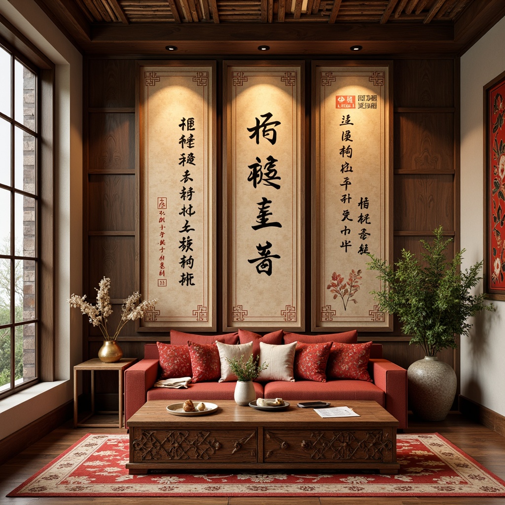 Prompt: Asian-inspired wall decor, natural materials, woven bamboo screens, hand-painted Chinese calligraphy, intricate Japanese Kanji patterns, rich silk fabrics, ornate Indian wooden carvings, bold geometric shapes, vibrant red and gold accents, subtle texture overlays, soft warm lighting, 1/1 composition, realistic material textures, ambient occlusion.