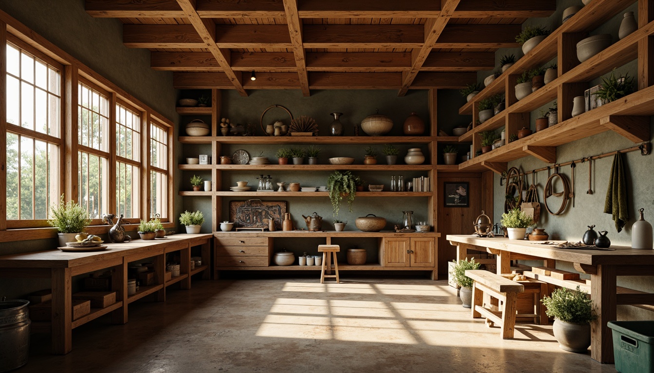 Prompt: Earthy craftsman-style workshop, wooden accents, natural materials, earthy tones, sage greens, weathered woods, rustic metals, vintage tools, distressed finishes, warm golden lighting, shallow depth of field, 2/3 composition, realistic textures, ambient occlusion.