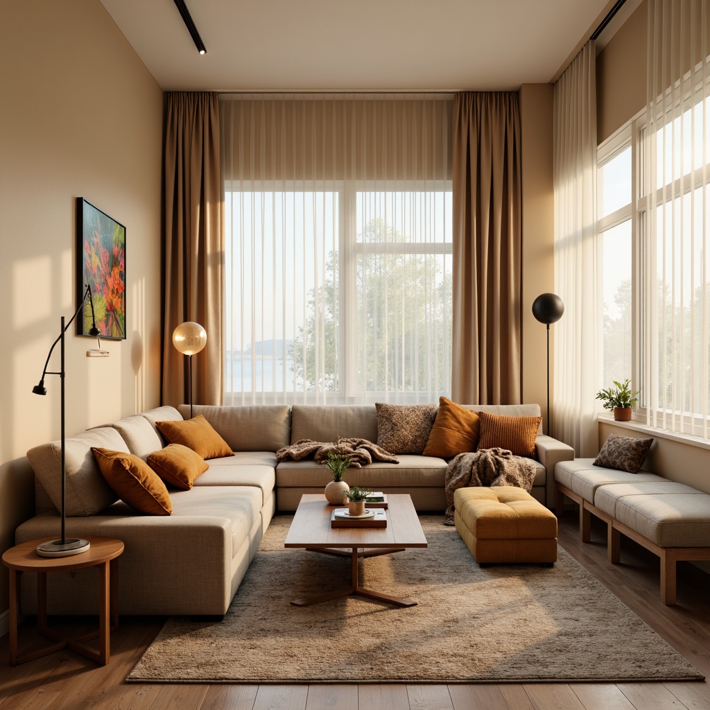 Prompt: Cozy living room, plush sectional sofa, soft velvet cushions, wooden coffee table, elegant floor lamps, vintage rug, warm beige walls, large windows, natural light, sheer curtains, comfortable reading nook, minimalist decor, soft pastel colors, ambient lighting, 1/1 composition, realistic textures, shallow depth of field.