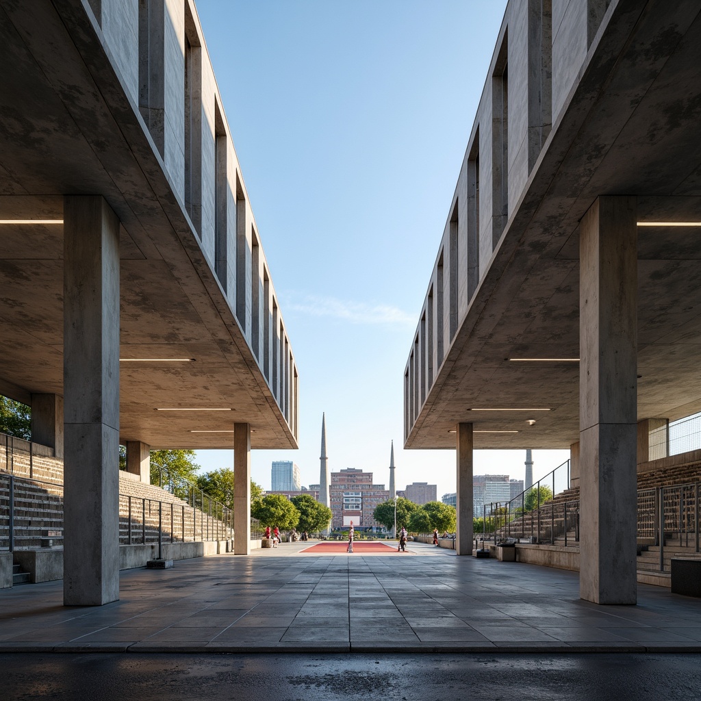 Prompt: Exposed concrete structures, brutalist architecture, industrial aesthetics, open-air corridors, natural light, raw textures, minimalist design, functional spaces, athletic equipment, basketball courts, running tracks, stadium seating, sports facilities, urban landscape, cityscape views, clear blue sky, warm sunny day, high-contrast lighting, deep depth of field, 2/3 composition, symmetrical framing, realistic renderings, ambient occlusion.