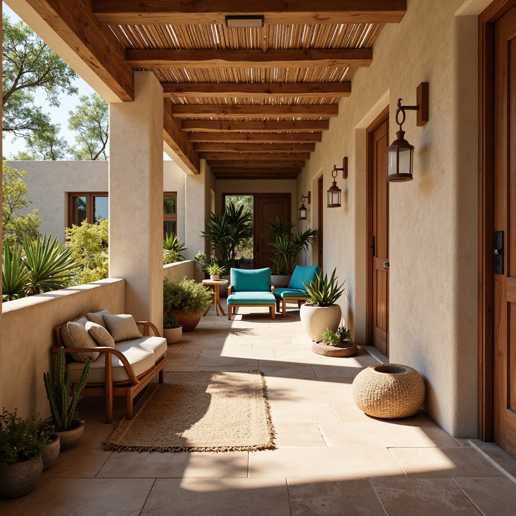 Prompt: Southwestern-style apartment, adobe-inspired architecture, textured walls, earthy color palette, warm beige tones, rustic wooden accents, natural stone flooring, woven textiles, vibrant turquoise hues, desert botanicals, cacti plants, sunny afternoon light, soft warm shadows, 1/2 composition, shallow depth of field, realistic rough textures, ambient occlusion.