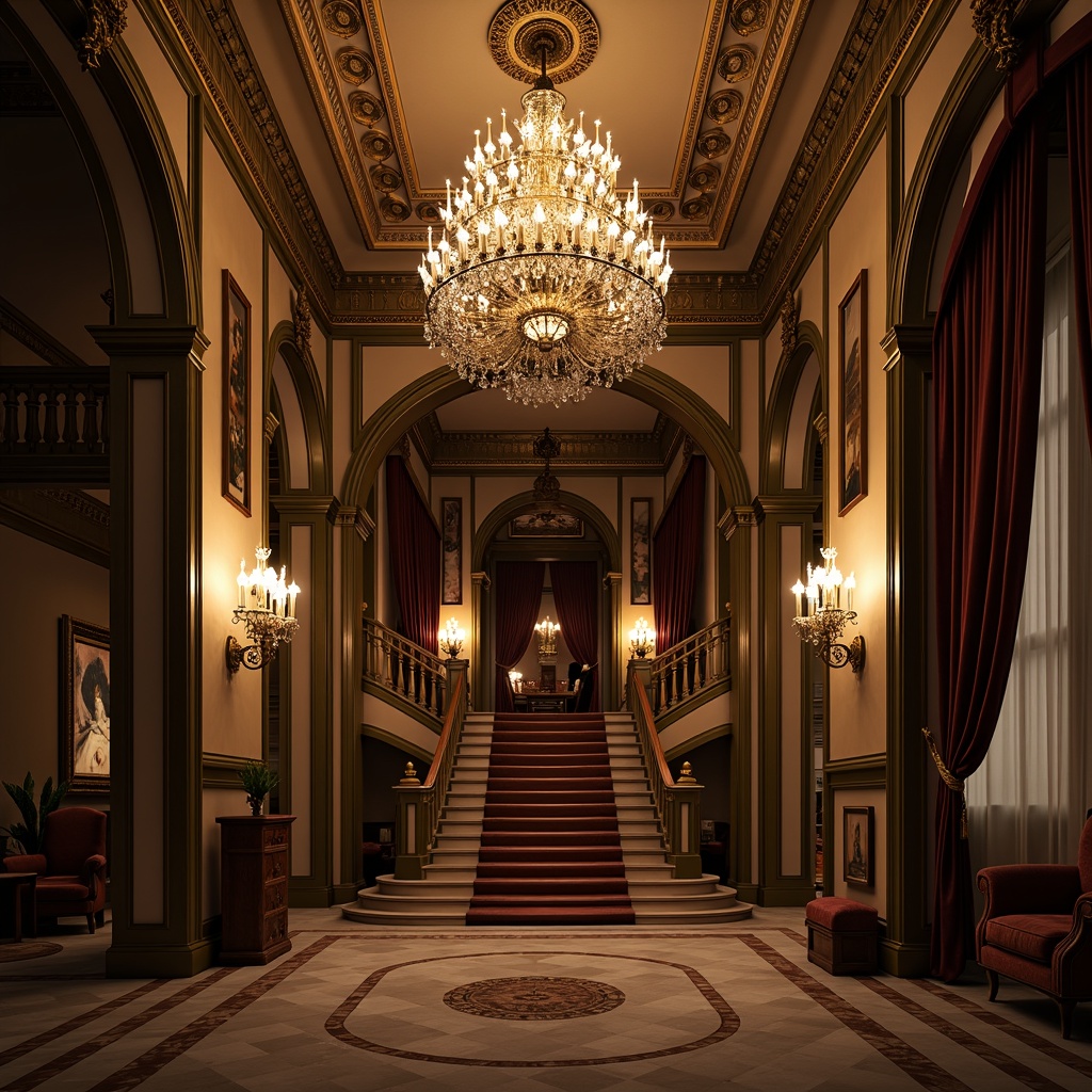 Prompt: Elegant chandelier, ornate sconces, crystal drops, gilded frames, soft warm glow, dramatic uplighting, luxurious fabrics, velvet drapes, carved wooden panels, intricate moldings, marble floors, grand staircase, sweeping archways, symmetrical composition, Renaissance-inspired details, subtle color palette, golden accents, sophisticated ambiance, atmospheric lighting, low-key illumination, 1/2 composition, shallow depth of field.