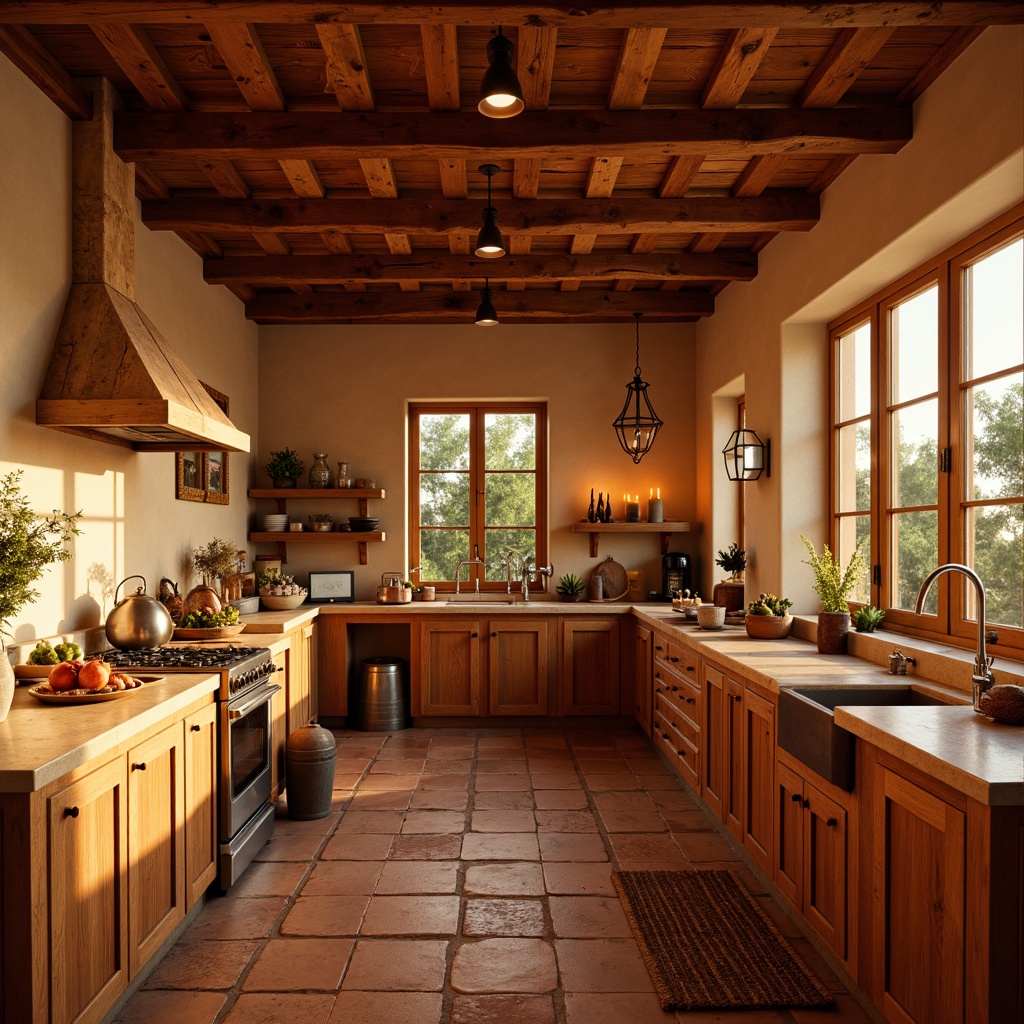 Prompt: Vibrant southwestern kitchen, warm beige walls, rustic wooden cabinets, natural stone countertops, earthy terracotta floors, pendant lanterns, candles, soft warm lighting, layered lighting, ambient glow, subtle shadows, golden hour illumination, 1/1 composition, shallow depth of field, realistic textures, warm color palette, cozy atmosphere.