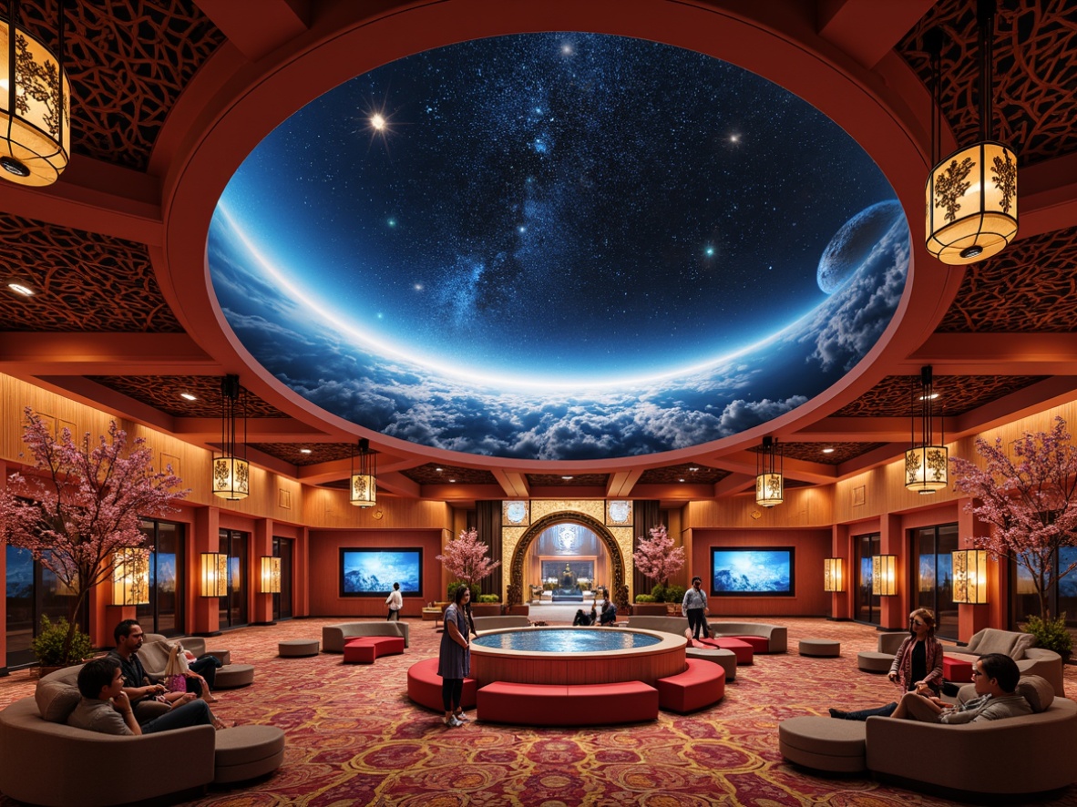 Prompt: Vibrant planetarium interior, traditional Asian architecture, intricately patterned textiles, rich silk fabrics, golden accents, subtle cherry blossom motifs, delicate lanterns, ornate wooden panels, subtle LED starry night sky, soft warm lighting, shallow depth of field, 3/4 composition, panoramic view, realistic textures, ambient occlusion, comfortable seating areas, interactive exhibits, educational displays, futuristic astronomy technology, spherical projection screens.