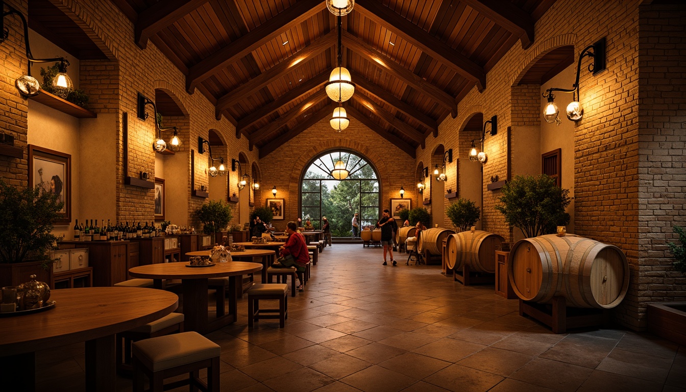 Prompt: Warm winery interior, rustic wooden barrels, dimmed warm lighting, soft golden glow, elegant chandeliers, pendant lights, industrial metal accents, earthy stone walls, rich wood tones, cozy seating areas, wine cellar ambiance, vintage wine bottles, wine-making equipment, wooden fermentation tanks, brick archways, natural textures, subtle color palette, ambient occlusion, shallow depth of field, 1/2 composition, realistic renderings.