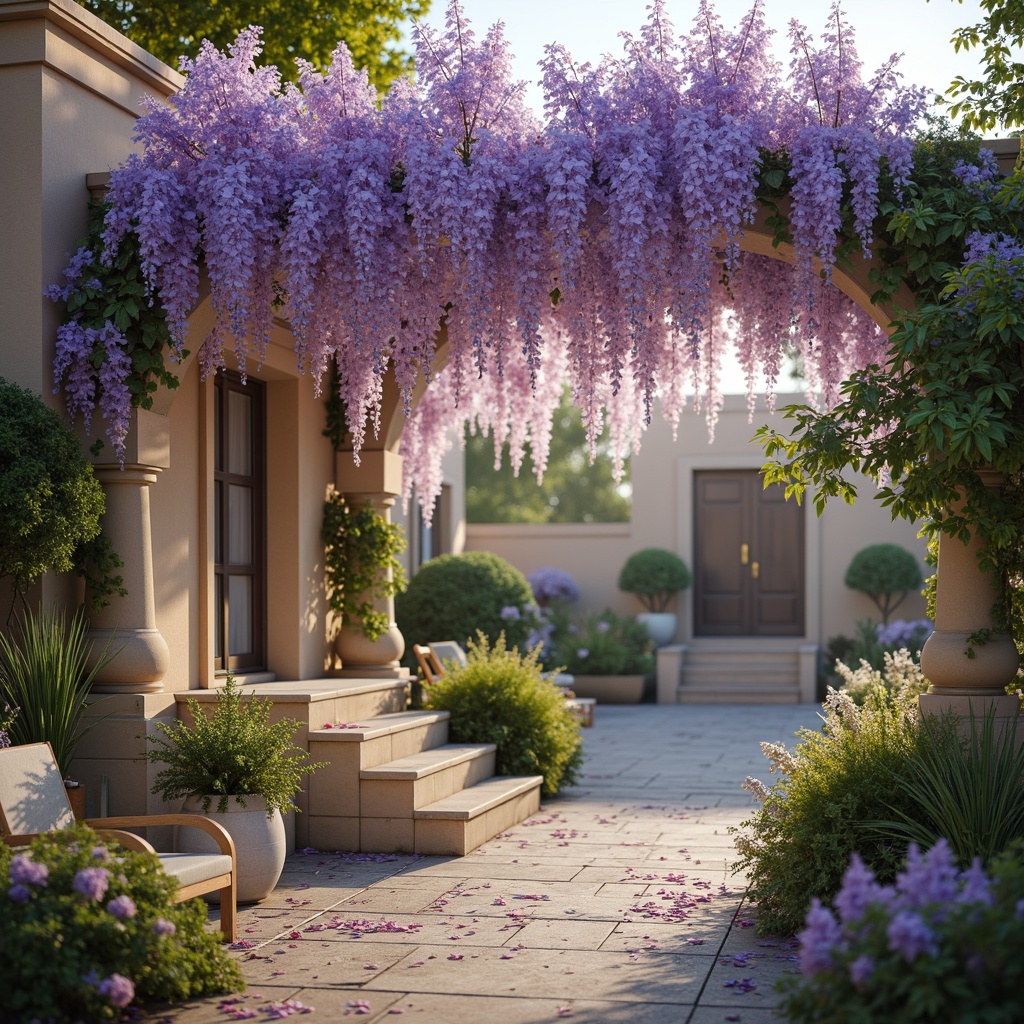 Prompt: Soft wisteria flowers, delicate petals, pastel purple hues, creamy whites, warm beige tones, gentle lavender shades, subtle golden accents, natural botanical textures, whimsical garden settings, romantic afternoon light, shallow depth of field, 1/1 composition, soft focus effect, dreamy atmosphere, vibrant blooming flowers, lush greenery, ornate Victorian-inspired architecture, elegant stone pathways, serene water features.