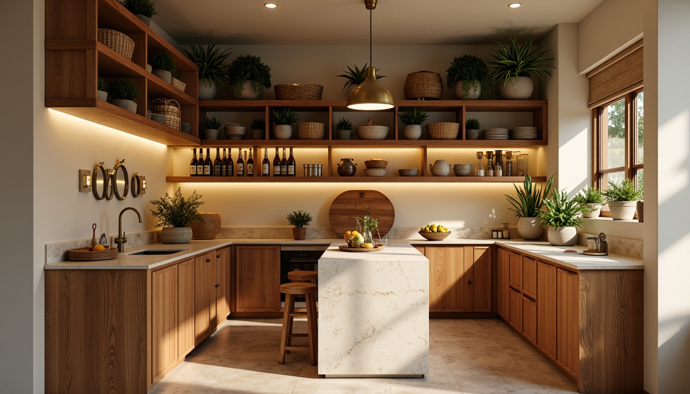 Prompt: Cozy pantry, warm beige walls, rich wood accents, soft cream countertops, elegant bronze hardware, inviting warm lighting, rustic wooden crates, woven baskets, earthy terracotta pots, vibrant greenery, lively yellow lemons, aromatic spices, natural stone flooring, modern minimalist shelving, 1/2 composition, soft focus, warm atmospheric lighting.