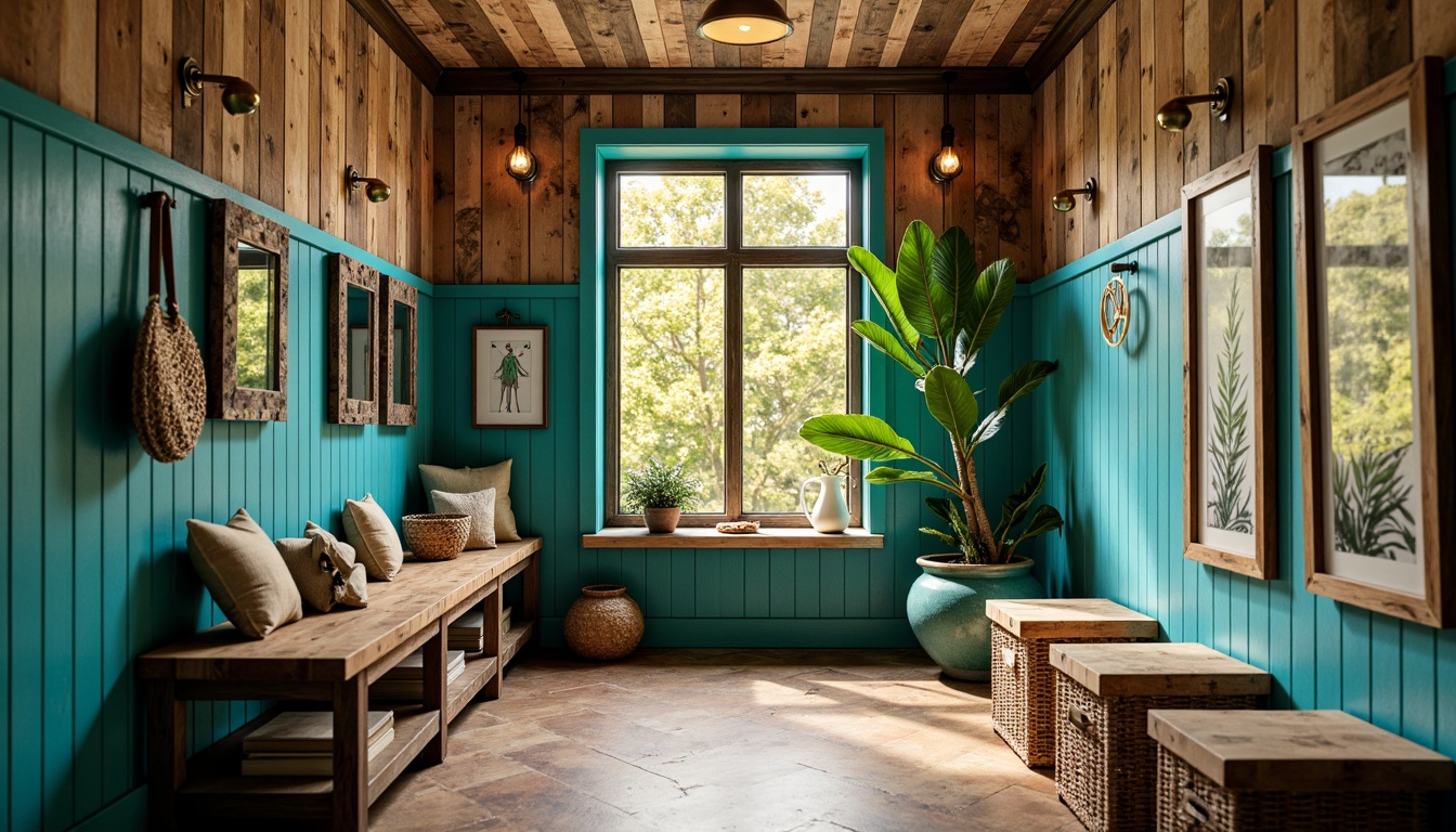 Prompt: Eclectic mudroom, bold color blocking, vibrant turquoise walls, rich wood accents, distressed metal decor, industrial-style lighting fixtures, reclaimed wooden benches, woven wicker storage baskets, abstract geometric patterns, ornate mirrors, playful textural contrasts, warm golden lighting, shallow depth of field, 1/1 composition, realistic reflections, ambient occlusion.