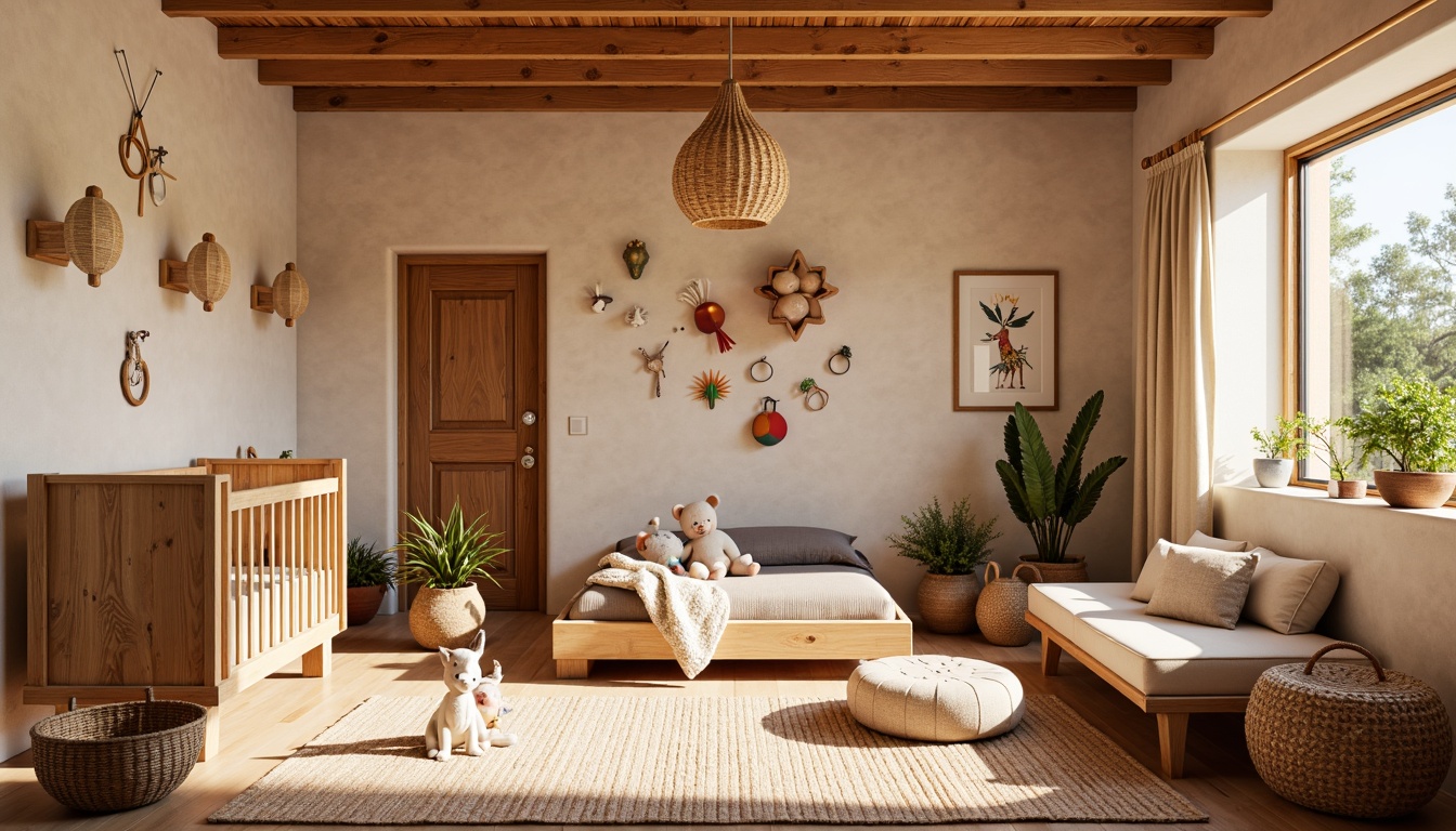 Prompt: \Southwestern-style baby room, warm beige walls, colorful tribal patterns, woven baskets, wooden cribs, plush toys, soft pastel colors, cozy textiles, natural wood accents, rattan furniture, Aztec-inspired rugs, sunny windows, gentle warm lighting, shallow depth of field, 1/1 composition, realistic textures, ambient occlusion.\