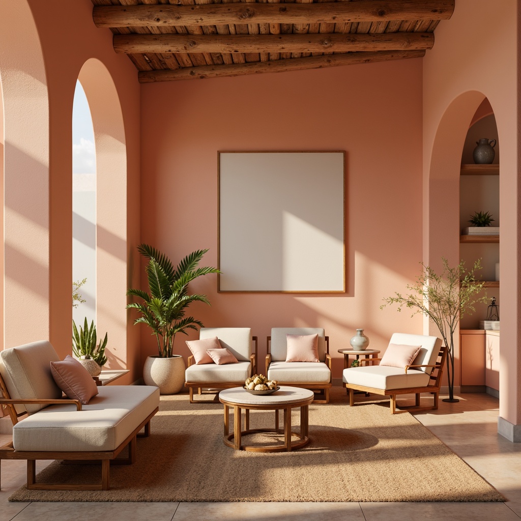 Prompt: Warm apricot hues, soft peach undertones, creamy beige accents, delicate blush pink highlights, natural wood textures, woven rattan furniture, ornate metal details, subtle golden lighting, intimate cozy atmosphere, shallow depth of field, 1/1 composition, realistic renderings, ambient occlusion.