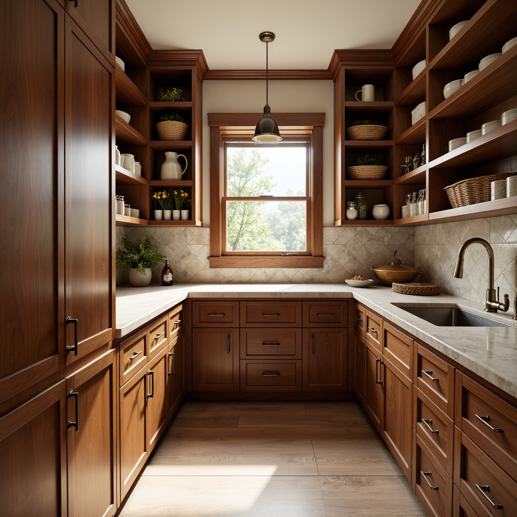 Prompt: Warm and inviting pantry, mid-century modern style, sleek cabinetry, walnut wood tones, subtle grain textures, minimalist hardware, soft-close drawers, ample storage space, geometric tile backsplash, natural stone countertops, earthy color palette, pendant lighting, open shelving, display areas, woven basket storage, rustic metal accents, cozy atmosphere, morning sunlight, shallow depth of field, 1/2 composition, warm and cozy lighting.