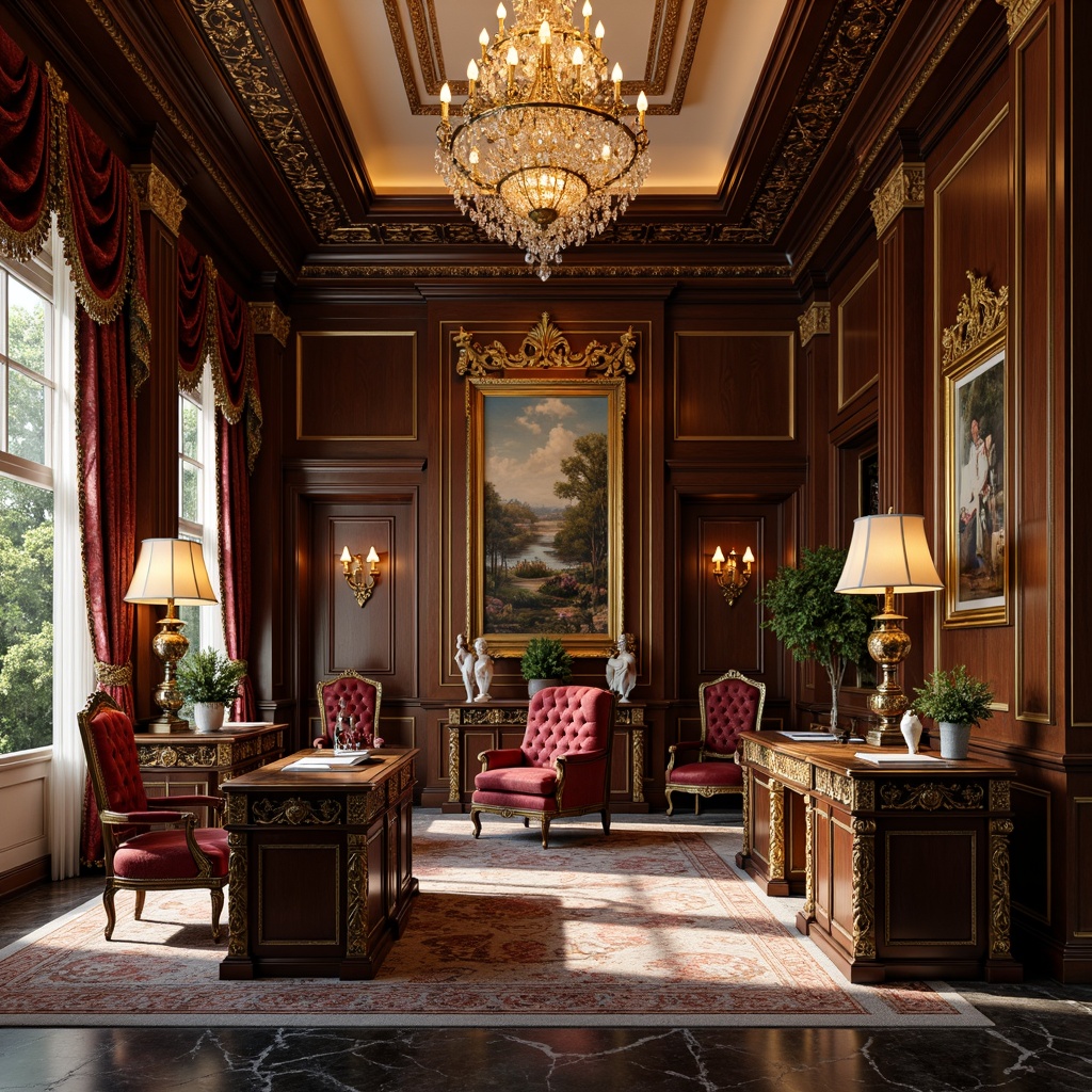 Prompt: Luxurious executive office, ornate Baroque furniture, intricately carved wooden desks, velvet upholstered chairs, gilded metal accents, rich jewel-toned colors, marble floors, crystal chandeliers, lavish drapery, stately columns, high ceilings, dramatic lighting effects, warm golden hues, opulent textiles, regal atmosphere, 3/4 composition, shallow depth of field, realistic reflections.